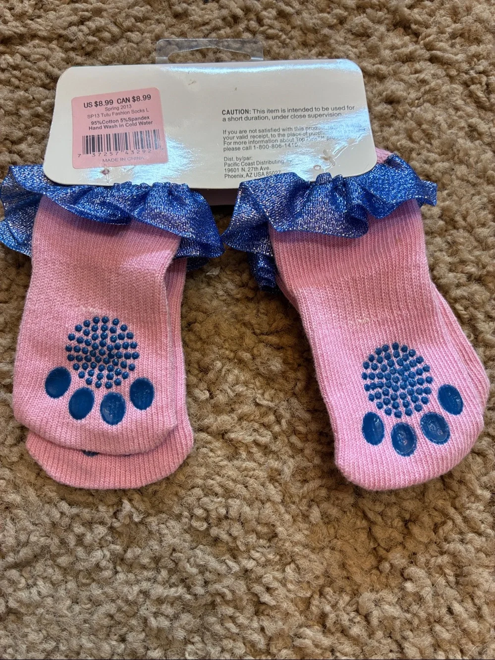 Top Paw Pink Dog Socks with Sparkling Blue Ruffle Trim